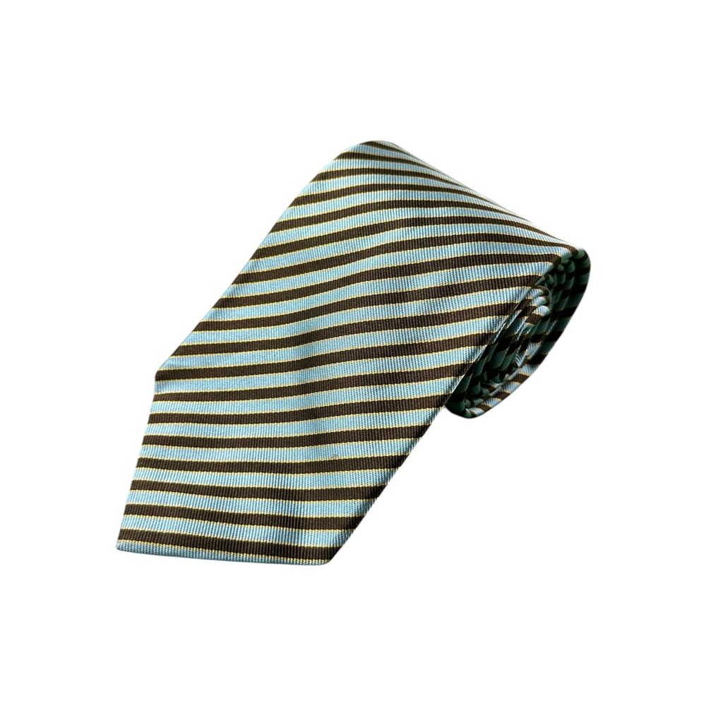Drakes Louis Boston Silk Tie Blue Brown Striped Hand Made in England 4in Wide
